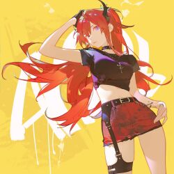 Rule 34 | 1girl, arknights, ask (askzy), belt, black belt, black choker, black shirt, choker, commentary, cowboy shot, cross, cross necklace, highres, horns, jewelry, long hair, looking at viewer, midriff, miniskirt, necklace, pencil skirt, purple eyes, red hair, red skirt, shirt, short sleeves, skirt, solo, standing, stomach, surtr (arknights), surtr (liberte echec) (arknights), thighs, tied shirt, very long hair, yellow background