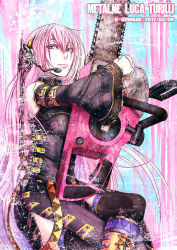 Rule 34 | 10s, 1girl, 2012, artist name, blue eyes, chain, chainsaw, dated, detached sleeves, headphones, headset, k-suwabe, long hair, megurine luka, mikupa, pink hair, skirt, solo, thighhighs, vocaloid