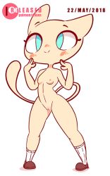 Rule 34 | 1girl, animal ears, animated, animated gif, artist name, blue eyes, breasts, cat ears, cat tail, cleft of venus, covering privates, covering crotch, creatures (company), dated, diives, embarrassed, english text, female focus, full body, furry, furry female, game freak, gen 1 pokemon, hands up, jumping, knees together feet apart, legendary pokemon, looking down, mew (pokemon), mythical pokemon, nintendo, nipples, nude, open mouth, own hands together, personification, pokemon, pokemon (creature), pussy, signature, simple background, small breasts, smile, solo, standing, surprised, tail, teeth, uncensored, v arms, white background