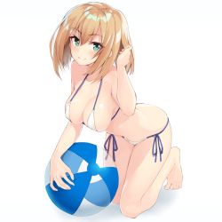 Rule 34 | 1girl, absurdres, ball, beachball, bikini, blonde hair, blue eyes, blush, breasts, brown hair, cleavage, closed mouth, collarbone, commentary request, full body, hair between eyes, hand up, highres, kneeling, looking at viewer, medium breasts, original, shunichi, side-tie bikini bottom, sidelocks, simple background, smile, solo, swimsuit, tsurime, white background, white bikini