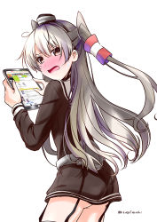 Rule 34 | 10s, 1girl, amatsukaze (kancolle), ass, blush, dress, embarrassed, garter straps, grey hair, hair tubes, hairband, kantai collection, looking at viewer, mikage takashi, one-hour drawing challenge, open mouth, solo, table, tablet pc, toranoana, two side up, yellow eyes