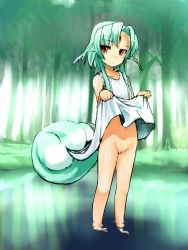 Rule 34 | 1girl, animal ears, bad id, bad pixiv id, blue hair, carbuncle (final fantasy), clothes lift, dress, dress lift, facial mark, final fantasy, flat chest, forehead mark, forest, highres, long hair, nature, no panties, original, outdoors, pen (pen3), personification, pussy, red eyes, solo, tail, uncensored, water