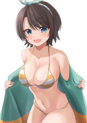 Rule 34 | 1girl, 9696k, :d, absurdres, bikini, blue eyes, blue hairband, blush, breasts, brown hair, cleavage, collarbone, commentary, cowboy shot, fang, green jacket, hairband, highres, hololive, jacket, looking at viewer, medium breasts, navel, official alternate costume, oozora subaru, oozora subaru (hololive summer 2019), open clothes, open jacket, open mouth, orange bikini, parted bangs, polka dot, polka dot hairband, short hair, simple background, skin fang, smile, solo, standing, stomach, string bikini, striped bikini, striped clothes, swept bangs, swimsuit, virtual youtuber, white background