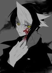 Rule 34 | 1boy, blood, blood on face, blood on hands, closed mouth, fingernails, grey background, greyscale, highres, male focus, monochrome, multicolored hair, shadow, simple background, solo, spot color, tasutekete, upper body, yellow eyes, yu-gi-oh!, yu-gi-oh! arc-v