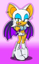 Rule 34 | animal ears, boots, breasts, cleavage, cleavage cutout, clothing cutout, earrings, furry, green eyes, high heel boots, high heels, jewelry, knee boots, medium breasts, midriff, ring, rouge the bat, short shorts, shorts, smile, sonic (series), white hair, wings