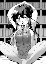Rule 34 | 10s, 1girl, arm up, bookshelf, breasts, dress, greyscale, highres, indian style, jacket, kantai collection, large breasts, long hair, looking at viewer, monochrome, naganami (kancolle), no shoes, open mouth, pantyhose, sakimori dan, sitting, solo