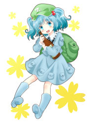 Rule 34 | 1girl, backpack, bag, blue eyes, blue hair, blush, boots, bottle, full body, hair bobbles, hair ornament, hat, highres, kawashiro nitori, komiru, matching hair/eyes, open mouth, pocket, rubber boots, short hair, short sleeves, short twintails, simple background, skirt, skirt set, smile, solo, touhou, twintails, two side up