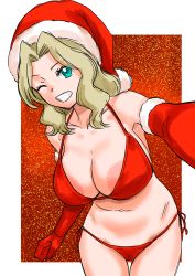 Rule 34 | 1girl, absurdres, areola slip, armpit peek, bikini, blonde hair, blue eyes, blush, breasts, cameltoe, christmas, cleavage, collarbone, elbow gloves, girls und panzer, gloves, grin, groin, hat, highres, kay (girls und panzer), kuppipi ramutarou, large areolae, large breasts, long hair, looking at viewer, navel, one eye closed, parted lips, red bikini, red gloves, red hat, santa hat, side-tie bikini bottom, smile, solo, standing, swimsuit, teeth