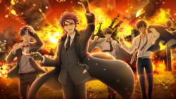 Rule 34 | &gt;:), 4boys, ali pasha (senjuushi), alternate costume, alternate hairstyle, arm up, black gloves, black hair, black neckwear, brown neckwear, coat, collared shirt, dark-skinned male, dark skin, dress shirt, explosion, eyewear hang, fire, formal, game cg, glasses, gloves, grey eyes, hand in own hair, highres, holding, ieyasu (senjuushi), kiseru, kiseru (senjuushi), long sleeves, loose necktie, male focus, multiple boys, necktie, non-web source, official art, one eye closed, outdoors, partially unbuttoned, partially undressed, purple hair, rapp (senjuushi), red eyes, red neckwear, removing eyewear, removing jacket, curtained hair, senjuushi: the thousand noble musketeers, senjuushi (series), shirt, short hair, smirk, smoking pipe, spiked hair, standing, striped clothes, striped neckwear, striped shirt, sunglasses, undone necktie, undressing, unworn eyewear, walking, white shirt, wind, wind lift