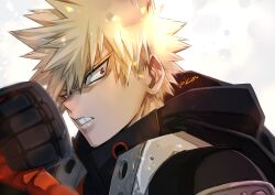 1boy bakugou_katsuki blonde_hair boku_no_hero_academia hood hood_down hoodie looking_at_viewer male_focus mkm_(mkm_storage) official_alternate_costume red_eyes short_hair solo spiked_hair superhero_costume teeth thumbs_down white_background