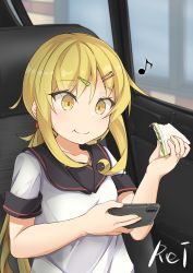 Rule 34 | blonde hair, car interior, cellphone, collarbone, crescent, crescent pin, eating, etsuransha no rei, food, hair ornament, hairclip, highres, holding, holding phone, holding sandwich, jewelry, kantai collection, musical note, phone, ring, sailor collar, sandwich, satsuki (kancolle), shirt, short sleeves, smartphone, twintails, wedding band, white shirt, yellow eyes
