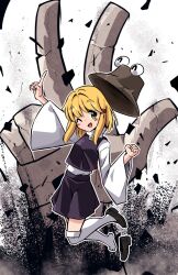 Rule 34 | 1girl, :d, ^ ^, black footwear, blonde hair, blush, blush stickers, clenched hand, closed eyes, commentary, debris, esujii (sg gush wak), green eyes, hair ribbon, hat, highres, index finger raised, jumping, long sleeves, looking at viewer, miniskirt, moriya suwako, one eye closed, open mouth, outline, over-kneehighs, pointing, pointing up, purple skirt, purple vest, pyonta, red ribbon, ribbon, shoe loss, shoes, short hair, sidelocks, skirt, skirt set, smile, socks, solo, stone hands, teeth, thighhighs, touhou, turtleneck, upper teeth only, v, vest, white background, white outline, white socks, white thighhighs, wide sleeves
