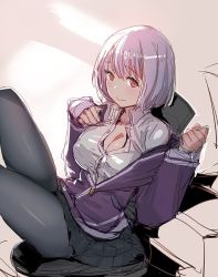 Rule 34 | 10s, 1girl, black pantyhose, bow (bhp), breasts, cleavage, collared shirt, gridman universe, jacket, large breasts, light purple hair, looking at viewer, miniskirt, off shoulder, open clothes, pantyhose, purple jacket, red eyes, school uniform, shinjou akane, shirt, short hair, sitting, sketch, skirt, smile, solo, ssss.gridman