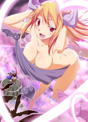 Rule 34 | 1girl, barefoot, bat (animal), blonde hair, breasts, censored, convenient censoring, demon girl, disgaea, fang, feet, heart, horns, leaning forward, long hair, natsumi akira, nude, open mouth, orange hair, prinny, red eyes, solo, succubus (disgaea), toes, uneven eyes
