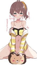 Rule 34 | 00black, 1girl, ahoge, blue eyes, blush, breath, brown hair, camisole, closed mouth, crotch rub, ebi frion (natsuiro matsuri), female masturbation, frilled camisole, frills, hair between eyes, highres, hololive, jacket, long sleeves, looking down, masturbation, medium hair, natsuiro matsuri, natsuiro matsuri (matsuri&#039;s day off), navel, outstretched arms, pussy juice, scrunchie, side ponytail, simple background, sitting, sitting on object, solo, straddling, striped clothes, striped jacket, stuffed animal, stuffed toy, translated, virtual youtuber, white background, white jacket, yellow camisole, yellow jacket, yellow scrunchie
