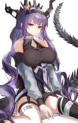 Rule 34 | 1girl, absurdres, arknights, bare shoulders, black dress, black thighhighs, breasts, cleavage cutout, clothing cutout, curly hair, dress, garter straps, headgear, highres, horns, large breasts, looking at viewer, mizuhashi parusui, purple hair, red eyes, simple background, single thighhigh, sitting, solo, tail, thighhighs, typhon (arknights), wariza, white background