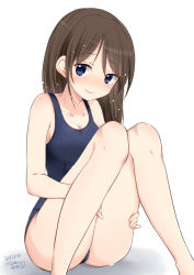 Rule 34 | 1girl, blue eyes, blue one-piece swimsuit, blush, breasts, brown hair, cleavage, collarbone, dripping, highres, holding legs, long hair, looking at viewer, one-piece swimsuit, original, ragho no erika, school swimsuit, sitting, skindentation, smile, solo, swimsuit, wet, wet hair, white background