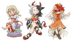 Rule 34 | 3girls, animal, animal ears, animal on head, ascot, barefoot, bird, bird wings, black hair, blonde hair, blouse, boots, chamaji, chick, commentary request, cow ears, cow horns, cow tail, dress, ebisu eika, haori, horns, japanese clothes, looking at viewer, multicolored hair, multiple girls, niwatari kutaka, on head, red hair, rock, sandals, shirt, short sleeves, simple background, sitting, sitting on rock, skirt, smile, split-color hair, statue, stone, tail, touhou, two-tone hair, ushizaki urumi, wily beast and weakest creature, wings
