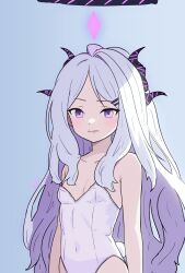 Rule 34 | 1girl, :/, absurdres, ahoge, bare arms, bare shoulders, blue archive, blush, breasts, closed mouth, covered navel, demon girl, demon horns, forehead, hair ornament, hair over shoulder, hairclip, halo, highres, hina (blue archive), horns, leotard, long hair, looking at viewer, playboy bunny, purple eyes, rabbit tail, raised eyebrow, simple background, sleeveless, small breasts, solo, standing, stariajuice, tail, white hair