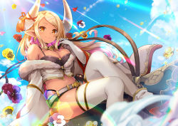 Rule 34 | 1girl, bare shoulders, belt, black shorts, blonde hair, blue sky, blush, breasts, cleavage, closed mouth, cloud, dark-skinned female, dark skin, day, draph, earrings, flower, fur trim, gloves, granblue fantasy, horn ornament, horn ribbon, horns, jewelry, kumbhira (granblue fantasy), large breasts, lips, long hair, long sleeves, looking at viewer, navel, outdoors, pilokey, pointy ears, ribbon, sheep horns, short shorts, shorts, signature, sitting, sky, smile, solo, thighhighs, white gloves, white thighhighs, yellow eyes
