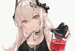 Rule 34 | 1girl, arknights, black choker, black gloves, breasts, choker, cleavage, commentary request, cross, cross necklace, cup, drinking straw, fanshu, gloves, grey background, highres, holding, holding cup, horns, infection monitor (arknights), jewelry, large breasts, long hair, looking at viewer, mudrock (arknights), mudrock (obsidian) (arknights), necklace, parted lips, pointy ears, red eyes, simple background, smile, solo, spaghetti strap, upper body, white hair