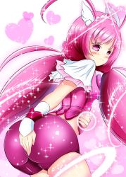 Rule 34 | 10s, 1girl, antenna hair, ass, bike shorts, blush, breasts, covering privates, covering ass, cure happy, embarrassed, female focus, from behind, heart, hoshizora miyuki, leaning, leaning forward, long hair, looking at viewer, looking back, magical girl, pink eyes, pink hair, precure, shiratama0426, smile precure!, solo, tiara, twintails, very long hair