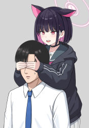 Rule 34 | 1boy, 1girl, :d, black choker, black hair, black jacket, blue archive, blue necktie, blunt bangs, bob cut, bruce8763, business casual, cat girl, cat tail, choker, collared shirt, colored inner hair, commentary, covering another&#039;s eyes, hair ornament, hairclip, halo, highres, hood, hooded jacket, jacket, kazusa (blue archive), long sleeves, looking at another, multicolored hair, necktie, open mouth, pendant choker, red eyes, school uniform, sensei (blue archive), serafuku, shirt, short hair, sidelocks, simple background, smile, tail, two-tone hair, white shirt