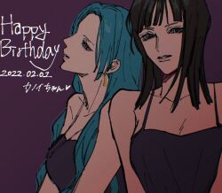 Rule 34 | 2022, 2girls, bare arms, bare shoulders, birthday, black hair, blue hair, blunt bangs, breasts, earrings, facing to the side, facing viewer, half-closed eyes, happy birthday, head tilt, jewelry, large breasts, limited palette, lips, long hair, looking at viewer, medium hair, multiple girls, nefertari vivi, nico robin, nose, nsgw, one piece, parted lips, portrait, profile, purple background, spaghetti strap, tsurime