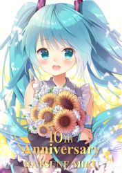 Rule 34 | 1girl, :d, anniversary, aqua eyes, aqua hair, black sleeves, blush, bouquet, character name, commentary request, detached sleeves, flower, hair ornament, hatsune miku, highres, holding, kuune rin, long hair, long sleeves, looking to the side, open mouth, shirt, signature, simple background, skirt, sleeveless, sleeveless shirt, smile, solo, sunflower, tattoo, twintails, upper body, very long hair, vocaloid, wide sleeves