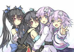 Rule 34 | 10s, 4girls, bad id, bad pixiv id, bare shoulders, black hair, blush, d-pad, detached sleeves, dress, elbow gloves, female focus, gloves, group hug, hair ornament, hair ribbon, highres, hug, long hair, long sleeves, looking at viewer, multiple girls, nepgear, neptune (neptunia), neptune (series), noire (neptunia), north abyssor, one eye closed, pointing, pointing at viewer, purple eyes, purple hair, red eyes, ribbon, short hair, siblings, simple background, sisters, sketch, smile, twintails, two side up, uni (neptunia), v, very long hair, white background