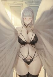 Rule 34 | 1girl, absurdres, black bra, black panties, blunt bangs, blush, bra, breasts, cleavage, covered navel, curtains, highres, ingan-i neomu gangham, jin rou, large breasts, lingerie, looking at viewer, novel illustration, official art, panties, pubic tattoo, silver hair, smile, solo, tattoo, thighhighs, underwear, underwear only, yellow eyes