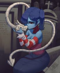 Rule 34 | 1girl, blue hair, blue skin, breasts, cleavage, colored skin, detached collar, detached sleeves, grave, graveyard, hair over one eye, leviathan (skullgirls), ourobot, red eyes, side ponytail, sitting, skullgirls, solo, squigly (skullgirls), striped sleeves