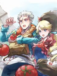 Rule 34 | 1boy, 1girl, bag, blonde hair, blue eyes, bread, dated, dress, earrings, elbow gloves, erinoshin, food, gian (saga), gloves, jewelry, long hair, looking at viewer, myriam (saga), necklace, open mouth, paper bag, romancing saga, romancing saga minstrel song, saga, tomato, twintails