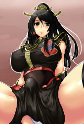 Rule 34 | 1girl, bad id, bad pixiv id, black hair, blush, breasts, bulge, dress, embarrassed, covered erect nipples, erection, erection under clothes, futanari, hip focus, huge breasts, large breasts, long hair, looking at viewer, looking down, panties, penis, poko chin, sangokushi taisen, shirt, solo, taut clothes, taut shirt, thick thighs, thighhighs, thighs, underwear, white panties, wide hips