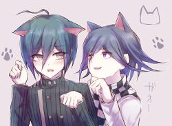 Rule 34 | 2boys, ahoge, alternate hair color, animal ears, black jacket, blue hair, cat ears, checkered clothes, checkered neckwear, checkered scarf, commentary request, danganronpa (series), danganronpa v3: killing harmony, extra ears, goto (sep), green hair, hair between eyes, jacket, kemonomimi mode, long sleeves, looking at another, male focus, multiple boys, oma kokichi, open mouth, paw pose, paw print, paw print background, purple eyes, purple hair, saihara shuichi, scarf, short hair, smile, striped clothes, striped jacket, upper body, white jacket