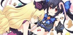 Rule 34 | 10s, 2girls, black hair, blonde hair, blush, candy, candy cane, cherry, cookie, cream, food, fruit, green eyes, lowres, multiple girls, neptune (series), noire (neptunia), official art, red eyes, sexually suggestive, tsunako, yuri