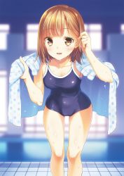 Rule 34 | 1girl, bare shoulders, blush, bouzu (bonze), breasts, brown eyes, brown hair, collarbone, commentary request, competition school swimsuit, highres, leaning forward, looking at viewer, medium breasts, one-piece swimsuit, open mouth, original, polka dot, school swimsuit, short hair, smile, solo, standing, swimsuit, towel, wet