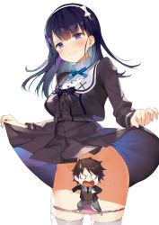 Rule 34 | 1boy, 1girl, :o, absurdres, black shirt, black skirt, blazer, blue eyes, blue neckwear, blush, bow, breasts, brown hair, brown sweater, buttons, censored, chibi, clothes lift, commentary request, copyright request, cowboy shot, cropped jacket, furrowed brow, gaou (umaiyo puyoman), grey pants, groin, hairband, highres, jacket, lifting own clothes, long hair, long sleeves, looking at viewer, medium breasts, miniskirt, neck ribbon, o o, official art, open clothes, open jacket, open mouth, panties, pants, panty pull, pleated skirt, purple bow, purple hair, purple panties, ribbon, school uniform, shirt, short hair, simple background, skindentation, skirt, skirt lift, smile, standing, sweatdrop, sweater, thighhighs, underwear, v-shaped eyebrows, white background, white shirt, white thighhighs, wing collar