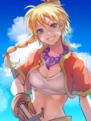 Rule 34 | 1girl, bandages, blonde hair, blue eyes, breasts, chrono cross, cleavage, cloud, crop top, facial mark, gloves, high ponytail, jewelry, kid (chrono cross), knife, long hair, looking at viewer, midriff, multi-tied hair, navel, necklace, ponytail, smile, solo, souyou26, vest