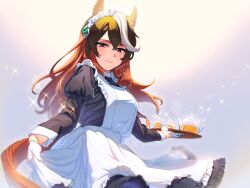 Rule 34 | 1girl, alternate costume, animal ears, apron, artist name, black dress, blurry, breasts, brown hair, closed mouth, cup, dated, depth of field, dress, enmaided, gloves, half-closed eyes, highres, holding, holding tray, horse, horse ears, horse girl, horse tail, juliet sleeves, long hair, long sleeves, looking at viewer, maid, maid apron, maid headdress, multicolored hair, omotil, puffy sleeves, purple eyes, skirt hold, small breasts, smile, solo, sparkle, streaked hair, symboli rudolf (umamusume), tail, teacup, teapot, tray, umamusume, upper body, watermark, white gloves