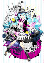 Rule 34 | 1girl, aqua eyes, aqua hair, bad id, bad pixiv id, breasts, cherrypin, cleavage, dress, flower, hat, hatsune miku, highres, long hair, medium breasts, mouth hold, multicolored nails, musical note, nail polish, necktie, piano print, saihate (vocaloid), shoes, smile, socks, solo, striped clothes, striped socks, toenail polish, toenails, twintails, vertical-striped clothes, vertical-striped socks, very long hair, vocaloid, yin yang, zebra