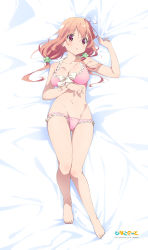 Rule 34 | 1girl, absurdres, artist request, bare legs, barefoot, bed sheet, bikini, breasts, brown eyes, cleavage, dakimakura (medium), feet, frill trim, frills, front-tie bikini top, front-tie top, full body, gluteal fold, hair between eyes, hair ornament, hand on own stomach, highres, hinako note, knees together feet apart, large breasts, long hair, looking at viewer, low twintails, lying, navel, official art, on back, parted lips, pink bikini, pink hair, sakuragi hinako, sheet grab, solo, swimsuit, twintails