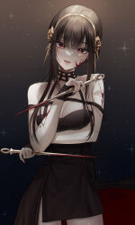 Rule 34 | 1girl, arm under breasts, bare shoulders, black dress, black gloves, black hair, blood, blood on arm, blood on face, breast hold, breasts, cleavage, closed mouth, dagger, dress, expressionless, fingerless gloves, gloves, gold hairband, hairband, hand up, highres, holding, holding weapon, knife, long hair, looking at viewer, medium breasts, nail polish, red eyes, red nails, rine (rine on), sidelocks, solo, spy x family, stiletto (weapon), straight hair, weapon, yor briar