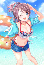 Rule 34 | 1girl, blue eyes, blush, breasts, brown hair, highres, iroenpitsu xxx, looking at viewer, love live!, love live! sunshine!!, ocean, ponytail, short hair, simple background, sky, smile, solo, swimsuit, thighs, watanabe you, water, wavy hair