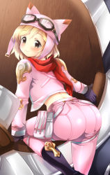 Rule 34 | 10s, 1girl, animal ears, arm at side, arm support, ass, black footwear, black gloves, blonde hair, brown eyes, cat ears, djeeta (granblue fantasy), eyewear on head, fake animal ears, from behind, gloves, granblue fantasy, hairband, hat, jacket, leaning forward, looking at viewer, pants, pink jacket, pink pants, red scarf, scarf, shiny clothes, short hair, smile, solo, standing, standing on one leg, tilm