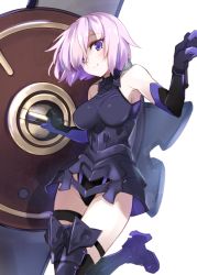 Rule 34 | 1girl, armor, armored dress, black gloves, black leotard, black thighhighs, blush, breasts, closed mouth, elbow gloves, fate/grand order, fate (series), gloves, greaves, hair over one eye, hands up, hayakawa harui, highleg, highleg leotard, holding, holding shield, leotard, looking at viewer, mash kyrielight, medium breasts, purple eyes, purple gloves, purple hair, shield, short hair, simple background, smile, solo, thigh strap, thighhighs, thighs, white background