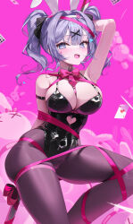 Rule 34 | 1girl, absurdres, ace (playing card), ace of hearts, animal ears, arm behind head, arm strap, armpits, black leotard, black ribbon, blue eyes, blue hair, blush, bow, bowtie, breasts, card, clothing cutout, commentary, covered navel, cutout above navel, detached collar, fake animal ears, feet out of frame, floating card, grey pantyhose, hair ornament, hair ribbon, hatsune miku, heart, heart-shaped pupils, heart cutout, highleg, highleg leotard, highres, jenil, large breasts, leotard, long hair, looking at viewer, open mouth, pantyhose, pink background, pink bow, pink bowtie, pink ribbon, playboy bunny, playing card, pole, rabbit ears, rabbit hole (vocaloid), ribbon, shiny clothes, skindentation, solo, stripper pole, stuffed animal, stuffed rabbit, stuffed toy, sweat, symbol-shaped pupils, teardrop facial mark, twintails, vocaloid, x hair ornament