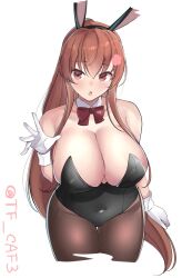 Rule 34 | 1girl, alternate costume, animal ears, bare shoulders, black leotard, black pantyhose, blush, bow, bowtie, breasts, brown eyes, brown hair, cleavage, covered navel, cowboy shot, detached collar, fake animal ears, gloves, kantai collection, large breasts, leotard, long hair, looking at viewer, pantyhose, playboy bunny, rabbit ears, rabbit tail, smile, solo, strapless, strapless leotard, tail, tf cafe, traditional bowtie, twitter username, very long hair, white background, white gloves, wrist cuffs, yamato (kancolle)