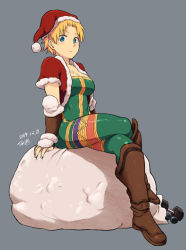 Rule 34 | 1girl, 2014, anal beads, armor, blonde hair, blue eyes, blush, boots, breasts, brown footwear, capelet, christmas, cleavage, dated, dumbbell, final fantasy, final fantasy tactics, fur trim, greaves, hat, knee boots, crossed legs, monk (fft), sack, santa hat, sex toy, short hair, sitting, smile, solo, tsukudani (coke-buta), vambraces