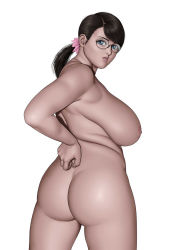 Rule 34 | 1girl, ass, black hair, blue eyes, breasts, cattleya (queen&#039;s blade), completely nude, curvy, female focus, flower, glasses, hair ornament, highres, karma-laboratory, large breasts, looking back, mature female, nipples, nude, plump, ponytail, queen&#039;s blade, short hair, sideboob, solo, standing, white background